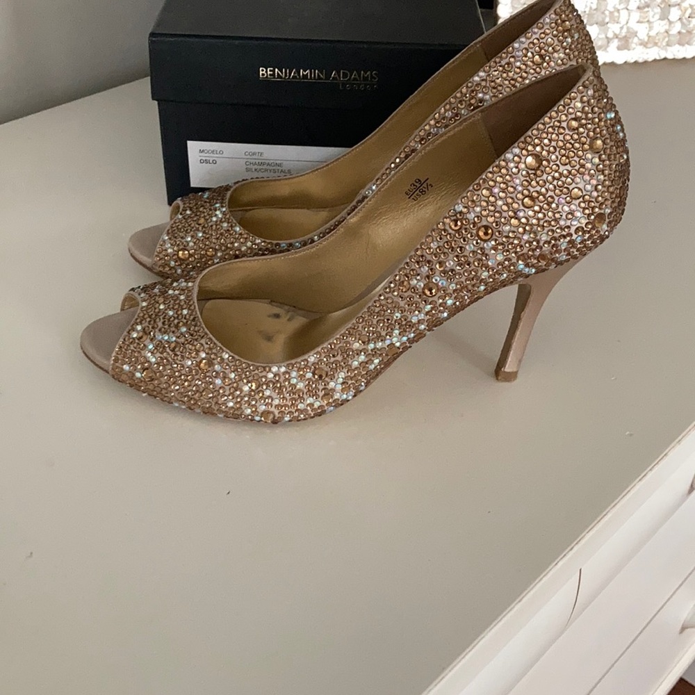 Benjamin Adams gold crystal heels